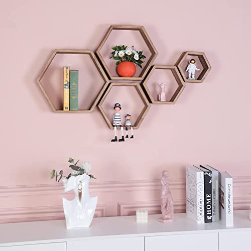 Hexagon Floating Shelves,Wall Mounted Wood Farmhouse Storage Honeycomb Wall Shelf Set of 5,for Bathroom, Kitchen, Bedroom, Living Room,Office,Home Room Wall Decor Driftwood Finish (Carbonized Black) | The Storepaperoomates Retail Market - Fast Affordable Shopping