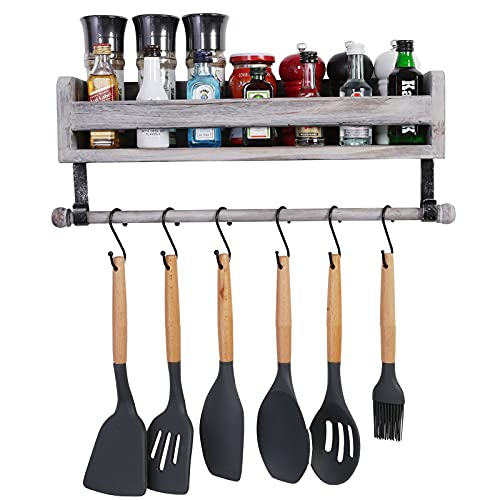 Satauko Wooden Floating Shelves with 8 Hooks for Kitchen Spice Rack, Wall Mounted Shelf with Towel Bar for Bathroom Organizer, Wall Hanging Book Shelves for Nursery Storage.(Grey) | The Storepaperoomates Retail Market - Fast Affordable Shopping