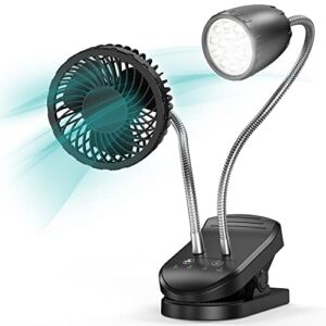 ASKPULION 2-In-1 Clip on Fan with LED Light, 4000mAh Reading Light for Bed or Desk, Rechargeable Desk Fan Small Quiet, Black