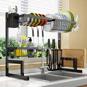 Over The Sink Dish Drying Rack Adjustable (25.6″-33.5″), 2 Tier Stainless Steel Dish Rack Drainer, Large Dish Rack Over Sink for Kitchen Counter Organizer Storage Space Saver with 10 Utility Hooks