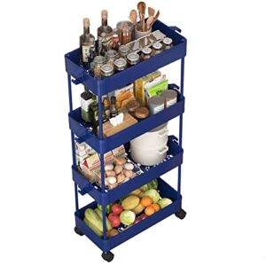 Boeeoan 4 Tier Storage Cart,Utility Cart,Mobile Shelving Unit Organizer with Hooks,Rolling Utility Cart Tower Rack for Kitchen Bathroom Laundry, Blue