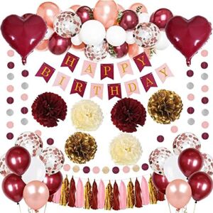 Birthday Decorations for Women, Burgundy Party Decorations with Rose Gold White Balloons Happy Birthday Banner for Bachelorette Wedding Lady 30th 40th (For All)