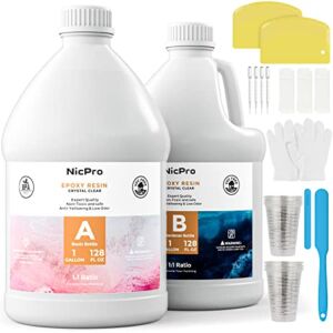 Nicpro 2 Gallon Crystal Clear Epoxy Resin Kit, High Gloss & Bubbles Free Art Resin Supplies for Coating and Casting, Craft DIY, Wood, Table Top, Bar Top, Molds, River Tables with Cups, Sticks, Gloves