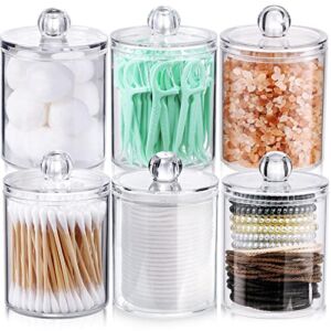 6 Pack Qtip Holder Dispenser for Cotton Ball, Cotton Swab, Cotton Round Pads, Floss – 10 oz Clear Plastic Apothecary Jar Set for Bathroom Canister Storage Organization, Vanity Makeup Organizer