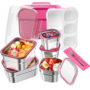 Stainless Steel Lunch Box Bento for Kids Adults Leakproof BPA-Free DaCool Metal Lunch Containers Tray 5-Compartment with Fork for Girls Food Snack Containers for School Outdoors, Pink
