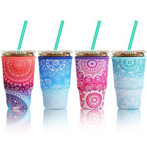4 Pieces Reusable Coffee Sleeve Cup Insulator for Cold Drinks Beverages and Neoprene Holder for Most Coffee (30-32 oz Large,Datura Style)