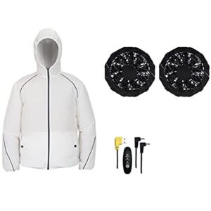 KUMADAI Air Conditioned Jacket Reflective Cooling Fan Vest with 2 Fans Breathable Air Circulation Cooling Jacket Hooded for Summer Fishing, Hiking and Outdoor Work,White,4XL