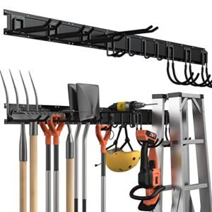14 PCS Tool Storage Rack, 64 Inches Adjustable Garage Tool Organizer Wall Mounted Storage System with 10 Hooks, Super Heavy Duty Steel Garden Tool Organizer Wall Holders