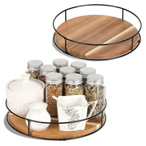 [ 2 Pack ] 9″ & 10″ Acacia Wood Lazy Susan Organizers with Steel Sides, Lazy Susan Turntable for Cabinet, Kitchen Turntable Storage for Table, Countertop, Pantry