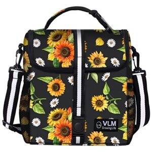 VLM Lunch Bags for Women,Leakproof Insulated Floral Lunch Box with Adjustable Shoulder Strap Reusable Zipper Cooler Tote Bag for Work,Picnic,Camping