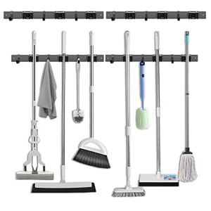 2 Pack 16” Broom and Mop Holder Wall Mount with Movable Sliding 3 Racks 3 Hooks, Storage Organizer Wall Hanger, Cleaning Tool Hanging Grippers for Kitchen Bathroom Garden Garage Laundry Home Closet
