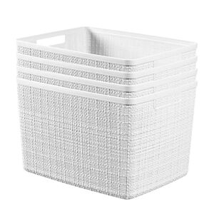 Curver Set of 4 Jute Large Decorative Plastic Organization and Storage Baskets Perfect Bins for Home Office, Closet Shelves, Kitchen Pantry and All Bedroom Essentials, White, 4