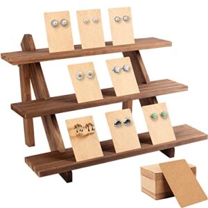51pcs 3-Tier Wood Earring Display Stand, Retail Jewelry Card Display Stand with Groove + 50 Earring Cards Portable Earring Ring Organizer Holder Jewelry Showcase Racks for Jewelry Business Home Using