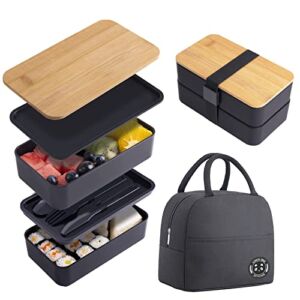 Stackable Lunch Container with Bamboo Lid Bento Box for Adult with Lunch Bag and Flatware Set Black