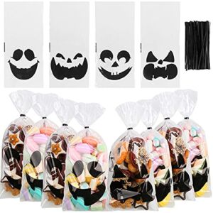 LOKIPA Halloween Cellophane Candy Treat Bags,120 Pieces Clear Cellophane Sweet Cookie Bags with Twist Ties for Halloween Party Supply（4 Style）