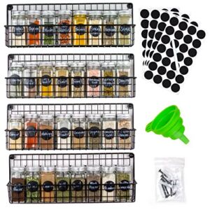 Hanging Spice Rack Organizer for Wall Mount – 4 Stylish&Sturdy Spice Racks with 32 Glass Spice Jars, Reusable Labels, Marker, Funnel & Hardware – Black Metal Spice Organizer for Wall, Door, or Cabinet