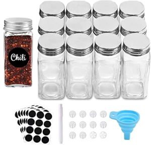 ROYALHOUSE 12 Pcs Glass Spice Jars/Bottles – 4oz Empty Square Spice Containers with Spice Labels and Airtight Metal Caps with Shaker Lids