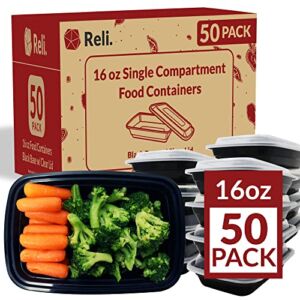 Reli. Meal Prep Containers, 16 oz. | 50 Pack | 1 Compartment Food Container w/ Lids | Microwavable Food Storage Containers/To Go | Black Reusable Bento Box/Lunch Box Containers for Food/Meal Prep