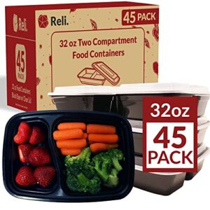 Reli. Meal Prep Containers, 32 oz. | 45 Pack | 2 Compartment Food Container w/ Lids | Microwavable Food Storage Containers/To Go | Black Reusable Bento Box/Lunch Box Containers for Food/Meal Prep