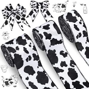Cow Print Wired Ribbon 3 Rolls Christmas Cowhide Ribbon Burlap Craft Ribbons Black White Wired Ribbons Cow Print Ornaments Fabric Ribbons for DIY Craft Gift Wrapping Bouquet Decoration (20 Yards)