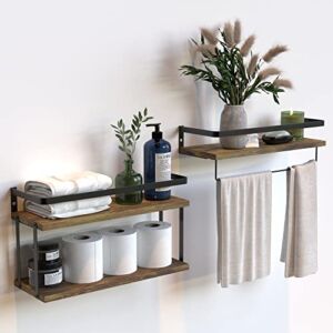 RICHER HOUSE 2+1 Tier Wall Mounted Floating Shelves Set of 2, Rustic Wood Wall Shelf with Metal Frame, Extra Storage Rack for Bathroom, Kitchen, Bedroom with Tissue Rack & Towel Bar – Rustic Brown