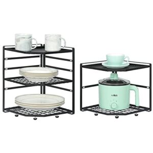 2 Pack Stackable Corner Shelf Stand, Height Adjustable Cabinet Corner Rack, Countertop Shelf Organizers for Plates, Dishes, Cabinet & Pantry Kitchen Organization, Black