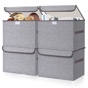 Bagnizer Medium 22 Quart Linen Fabric Foldable Storage Cube Bin Organizer Basket with Flip-Top Lid & Handles, Large Toy Clothes Blanket Box for Nursery, Playroom, Home, Office, Closet, Gray, 4 Pack 14.4 x 10 x 10”