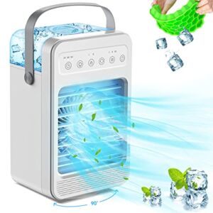 Portable Air Conditioner, 90° Oscillating Evaporative Personal Air Cooler Humidifier with 4 Wind Speeds, Timer & LED Light, USB Quiet Fast Cooling Fan for Home, Office, Bedroom, Car, Camping – White