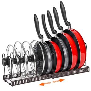Pot Rack Organizer -Expandable Pot and Pan Organizer for Cabinet,Pot Lid Organizer Holder with 10 Adjustable Compartment for Kitchen Cabinet Cookware Baking Frying Rack,Bronze