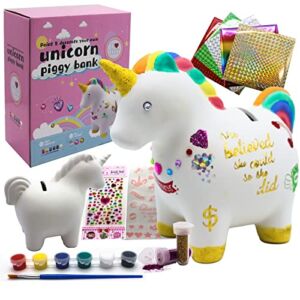 Decorate Your Own Unicorn Piggy Bank for Kids Girls with Easy to Apply Foil Transfers & Glitters-DIY Arts and Crafts Kit Activity Christmas Gifts for Teen Girls Age 4-8
