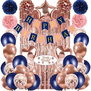 Navy Blue Rose Gold Happy Birthday Party Decorations Kit for Women Girls Men, Banner, Flower Pompoms, Fringe Curtain, Cake Topper, Foil Balloons for 16th 18th 21st 30th 40th 50th 60th Party Supplies