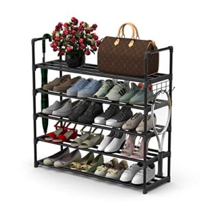 Hsscblet 5 Tiers Metal Shoe Rack,Adjustable Shoe Shelf Storage Organizer with Versatile Hooks,Stackable Boot & Shoe Storage ,for Entryway,Hallway,Living Room,Closet,Black