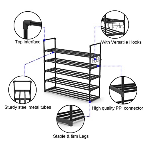 Hsscblet 5 Tiers Metal Shoe Rack,Adjustable Shoe Shelf Storage Organizer with Versatile Hooks,Stackable Boot & Shoe Storage ,for Entryway,Hallway,Living Room,Closet,Black | The Storepaperoomates Retail Market - Fast Affordable Shopping