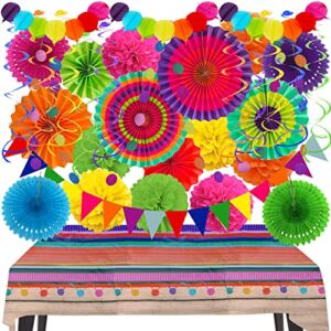 Recosis Fiesta Party Decorations, Multicoloured Tablecover Paper Fans Pompoms Paper Balloon Garlands Hanging Swirls Decorations for Fiesta Mexican Cinco De Mayo Taco Birthday Party Supplies