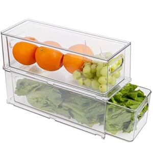 2 Pack Stackable Refrigerator Organizer Bins with Pull-out Drawer, Drawable Clear Fridge Drawer Organizer with Handle, Plastic Kitchen Pantry Storage Containers