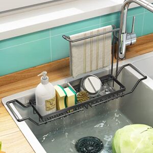 Sponge Holder for Kitchen Sink Telescopic Sink Storage Rack, Expandable for Sponge Brush Soap Dish Cloth Rag 16.7″ to 21.3″(201 Stainless Steel) (201Black)