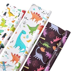 U’COVER Cute Dinosaur Birthday Wrapping Paper for Boys Girls Kids Baby Shower 3 Styles Cartoon Animal Monster Gift Wrapping Paper Roll for Holiday Anniversary Graduation (3 ROLL-44.4 sq.ft.ttl