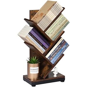Ruboka 4-Shelf Tree Bookshelf, 24-Inch Retro Floor Standing Bookcase Display for CDs/Magazine/Books, Small Bookshelf for Bedroom, Living Room, Office,Balcony, Brown Storage Shelves DESK51A