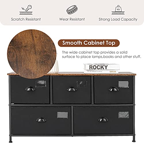 Giantex Drawer Storage Dresser, Wide Storage Organizer Unit with Labels, Steel Frame & 5 Removable Fabric Bins, Vertical Dresser Tower for Living Room, Bedroom, Closet, Entryway, Office (Black) | The Storepaperoomates Retail Market - Fast Affordable Shopping
