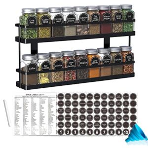 Spice Rack Organizer with 18 Empty Square Spice Jars, 386 Spice Labels with Chalk Marker and Funnel Complete Set, for Countertop, Wall Mount or Cabinet Pantry Door, Black