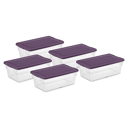 Sterilite Stackable 6 Quart Clear Home Storage Box with Handles and Purple Lid for Efficient, Space Saving Household Storage and Organization, 5 Pack | The Storepaperoomates Retail Market - Fast Affordable Shopping