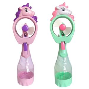 Pack of 2X Unicorn Water Mist Spray Bottle Fan Portable Handheld Mister – Battery Operated (Purple &Green)