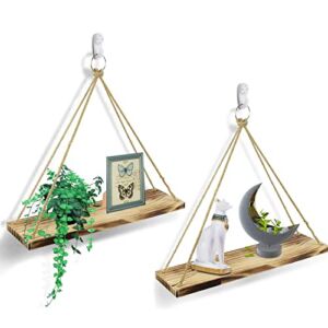 WoodLiving Boho Wall Hanging Shelves- Wood Hanging Shelf for Wall, Wall Mounted Plant Shelve Set of 2 – Farmhouse Rustic Floating Shelving – Used for Shelve for Bedroom, Entryway Wall Decor Shelve