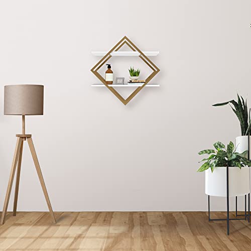 Diamond Shape Metal Frame Wall Mount Rustic Shelf. Mid Century Modern 2 Tier Wall Shelf, Decoration and Frame Holder Wall Shelf (White/Gold) | The Storepaperoomates Retail Market - Fast Affordable Shopping