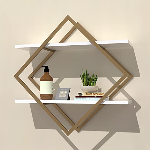 Diamond Shape Metal Frame Wall Mount Rustic Shelf. Mid Century Modern 2 Tier Wall Shelf, Decoration and Frame Holder Wall Shelf (White/Gold) | The Storepaperoomates Retail Market - Fast Affordable Shopping