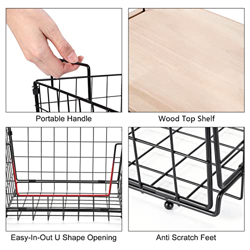 2 PCS Countertop Basket for Kitchen Vegetable Basket Onion Storage Wire Produce Basket With Wood Lid, Stackable Countertop Tiered Kitchen Counter Organizer for Snack, Fruit, Bread, Pantry | The Storepaperoomates Retail Market - Fast Affordable Shopping