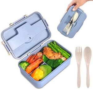Supplim Bento Box For Kids Adults Lunch Box With 3 Compartment,Wheat Fiber Leak Proof Food Container With Spoon & Fork,1200ML Lunch Boxes Containers For Men Women (Model2-Blue)