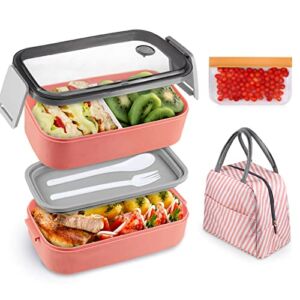 Bento Box For Adults Natraprow BPA-Free Bento Box Lunch Box Leak Proof 3 Compartments Bento Box Kit With Detachable Divider , Lunch Bag, Stackable Lunch Containers Pink Bento Box With Utensils (pink)