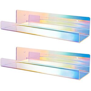 NiHome 2PCS Iridescent Wall Mounted Clear Acrylic Floating Shelves, Attom Tech 15″ Thick Invisible Wall Ledge Bookshelf Kids Book Display Shelves for Home, Office, School, Business