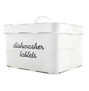 AuldHome Dishwasher Pod Holder, Tablet Container; White Enamelware Rustic Kitchen Storage Tin with Lid